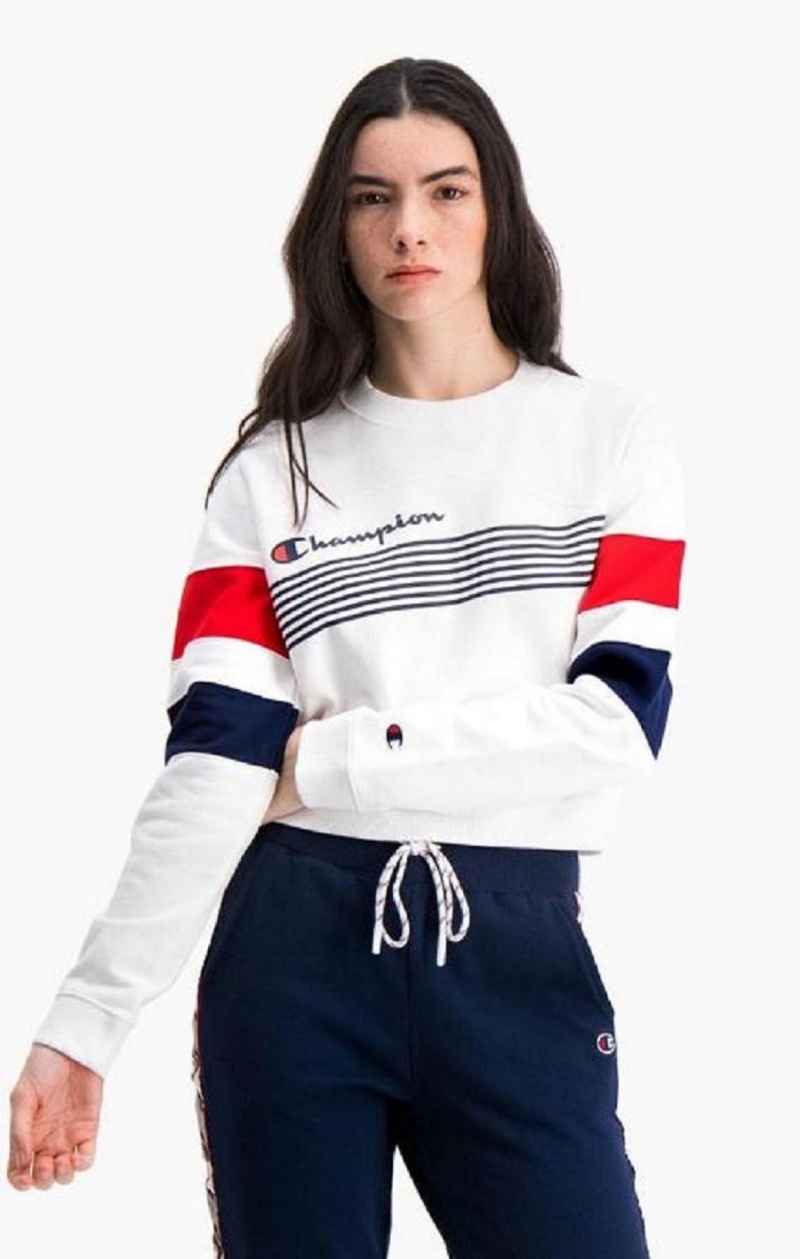 Sweats Champion Graphique Stripe And Colour Block Cropped Sweatshirt Femme Blanche | 9742-KMWPA