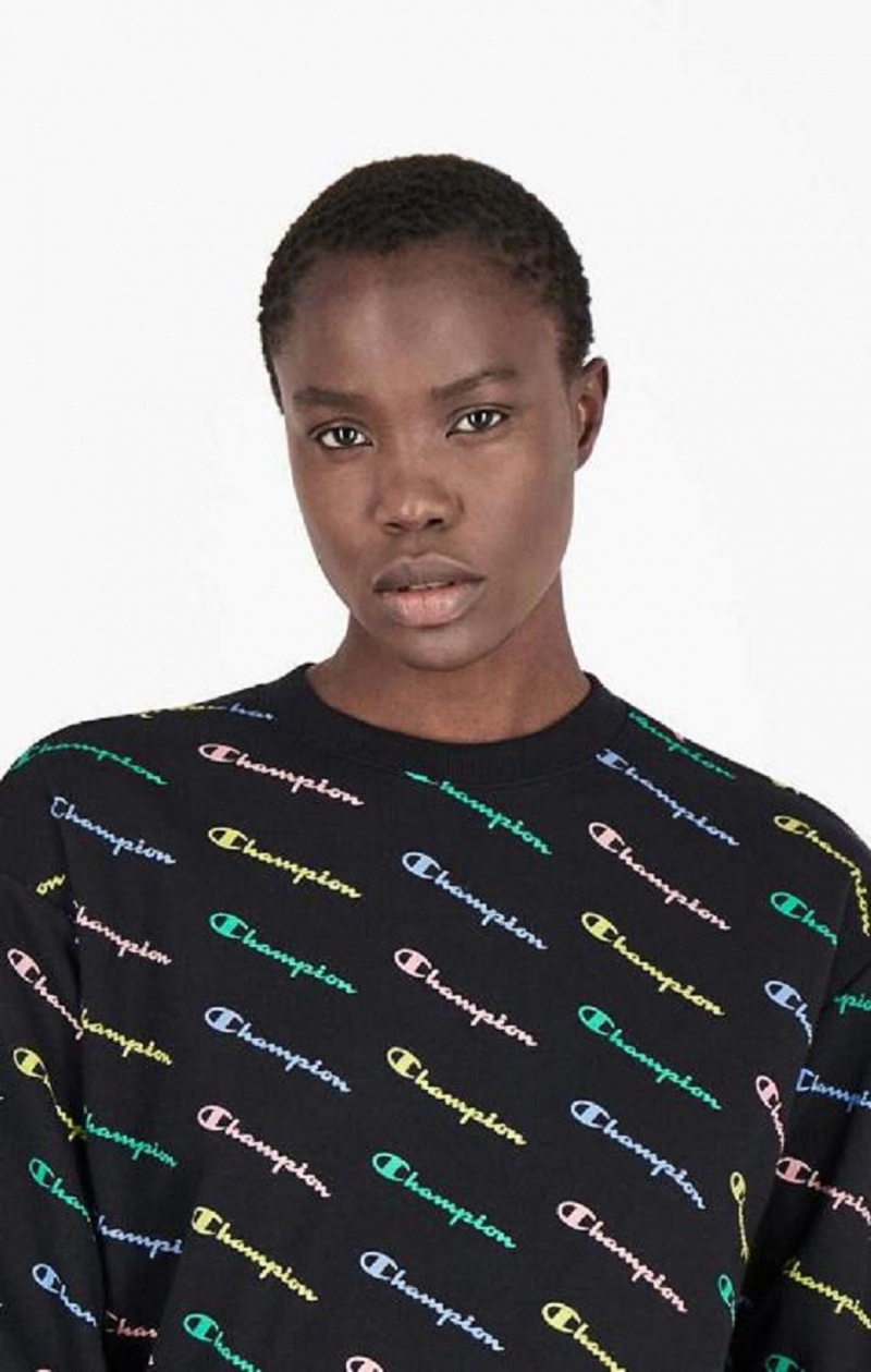 Sweats Champion Repeat Rainbow Script Logo Print Sweatshirt Femme Noir | 4076-ESPID