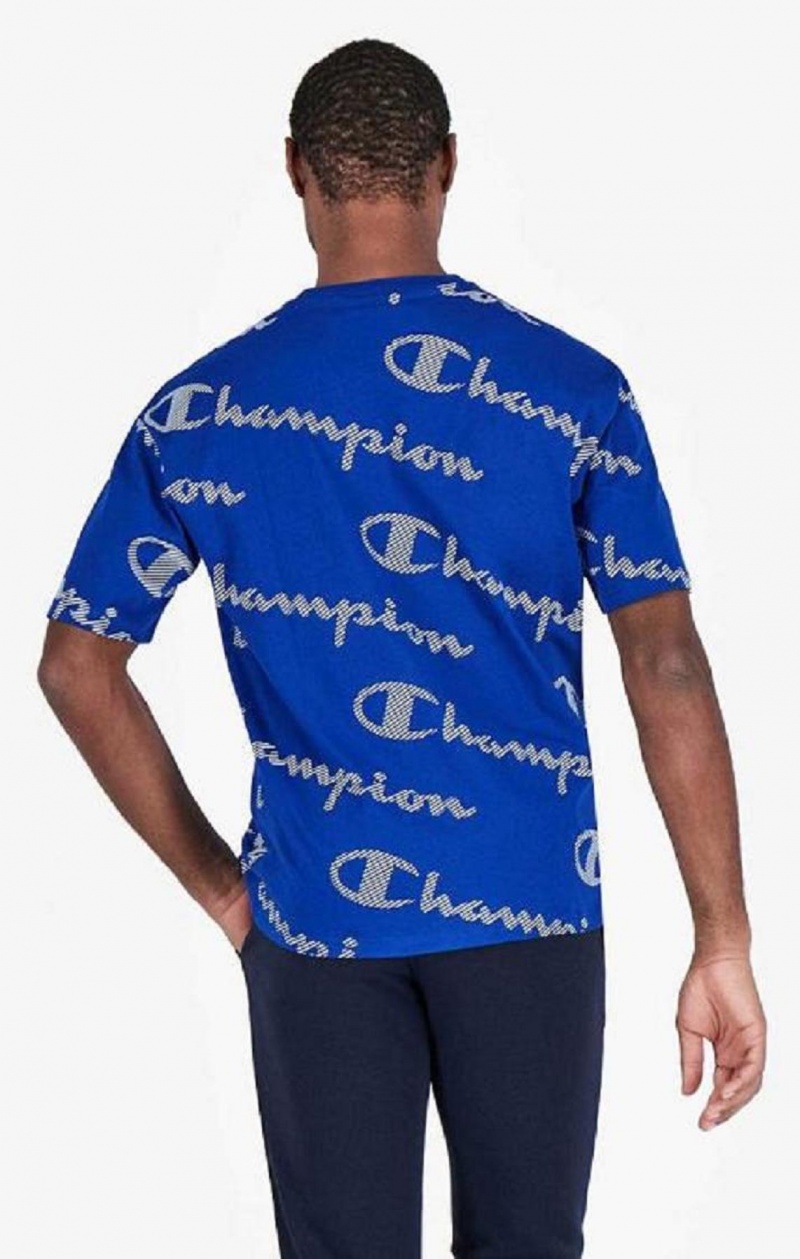 T Shirts Champion All-Over Rayé Effect Script Logo T-Shirt Homme Bleu | 0825-EJMHB