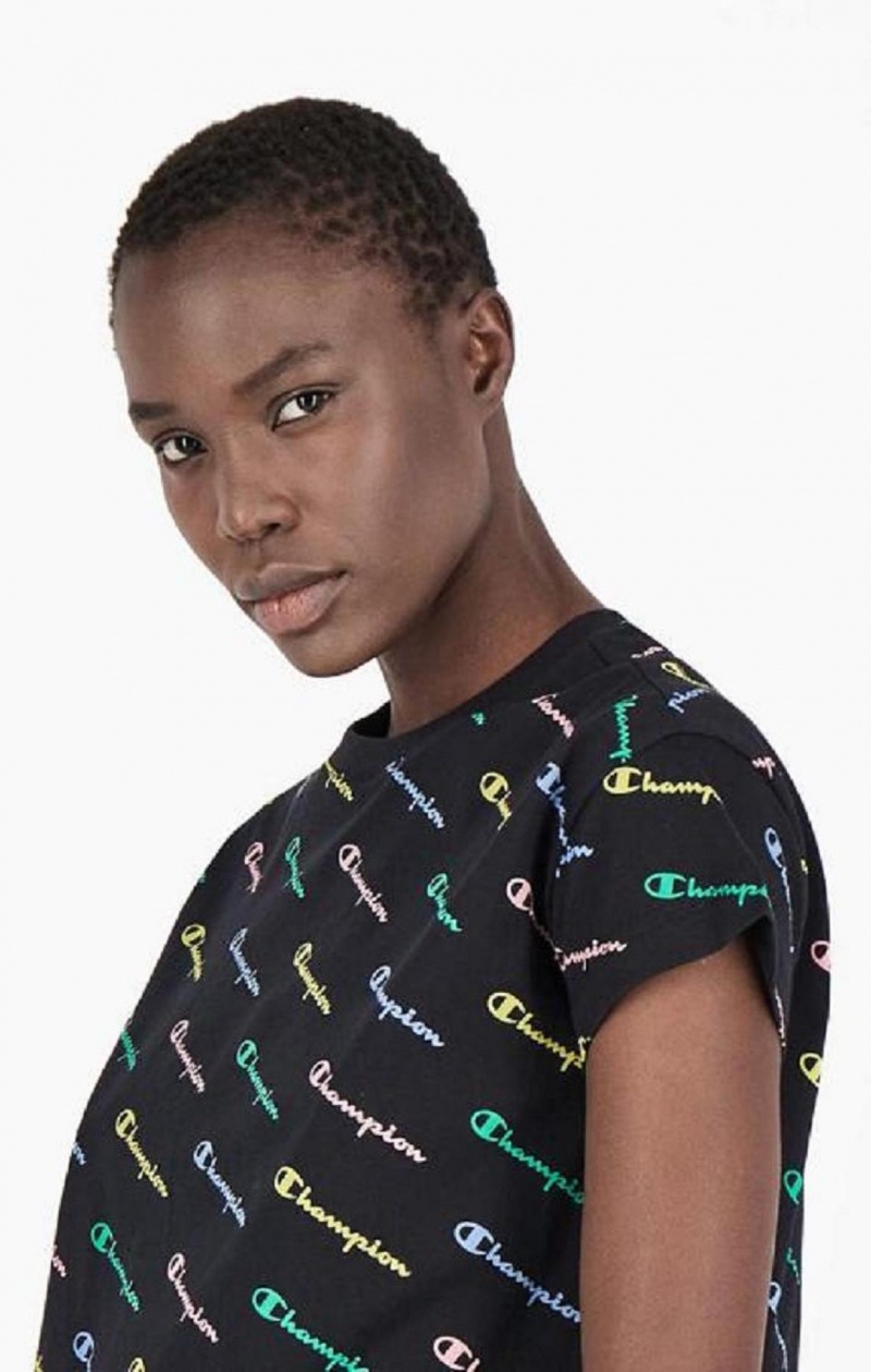 T Shirts Champion All-Over Script Logo T-Shirt Femme Noir | 7140-SODTQ