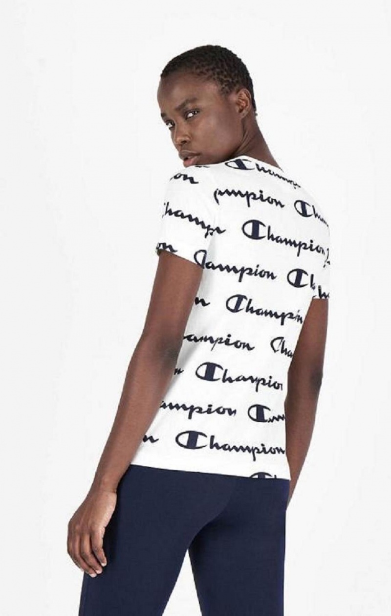 T Shirts Champion All-Over Script Logo T-Shirt Femme Blanche | 3784-WECUL