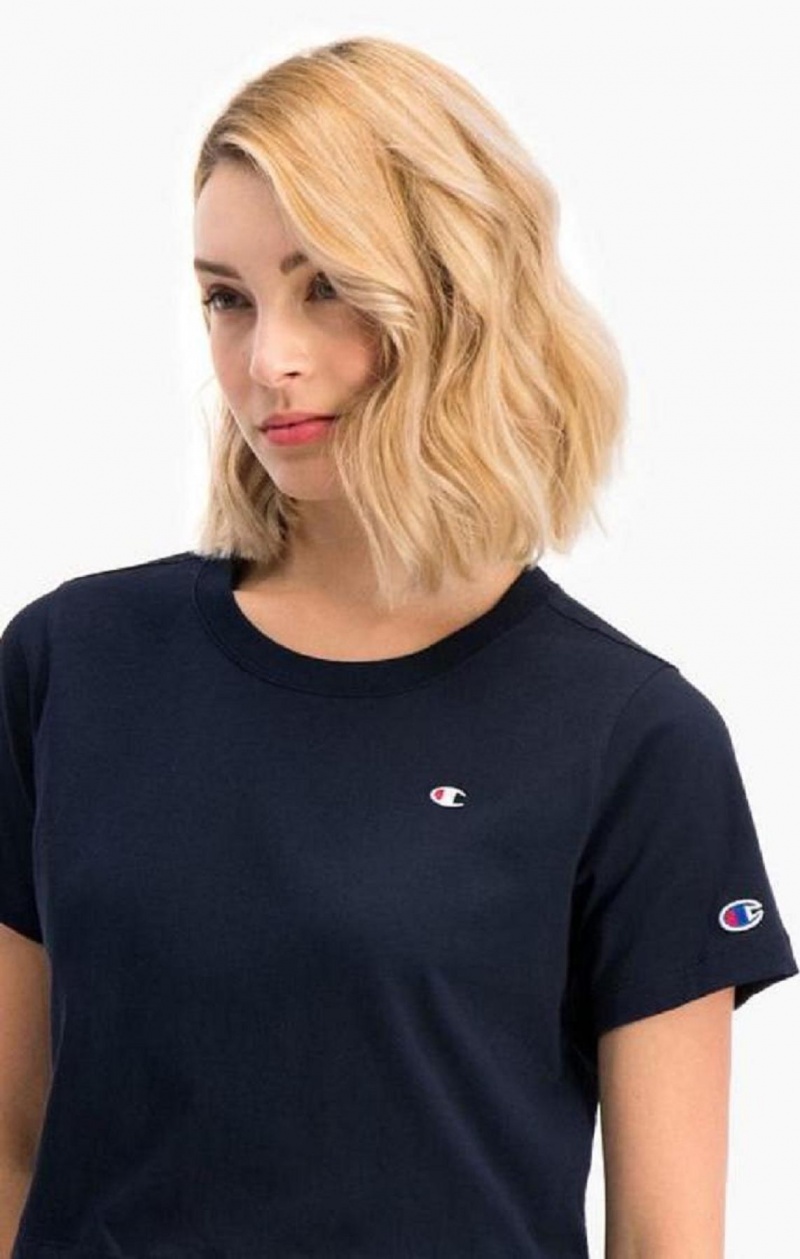 T Shirts Champion C Logo Crew Neck Cropped T-Shirt Femme Bleu Foncé | 9741-KFDTW