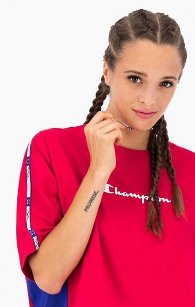 T Shirts Champion Colour Block Jacquard Logo Tape T-Shirt Femme Rouge | 6847-NQZDY