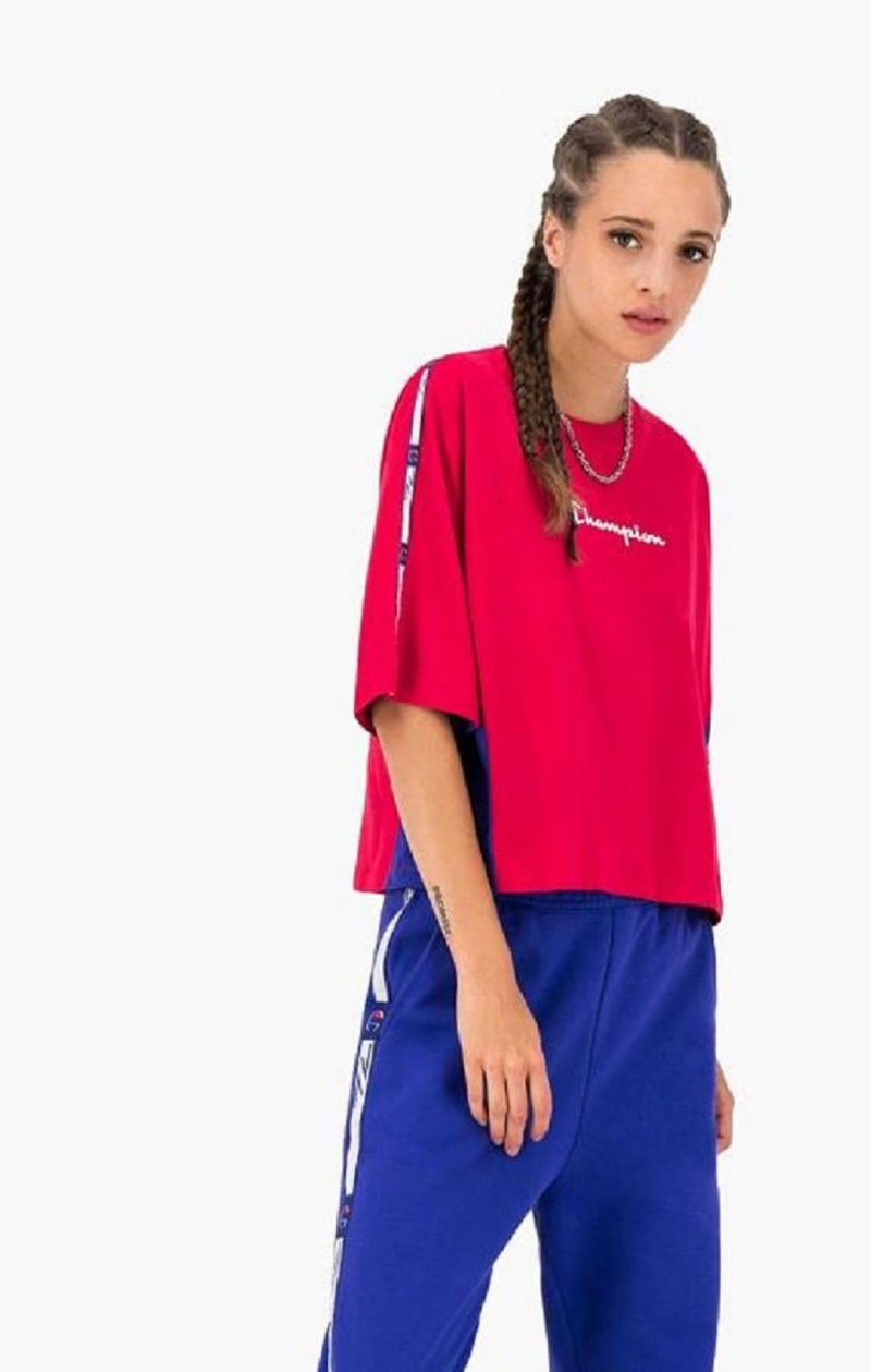 T Shirts Champion Colour Block Jacquard Logo Tape T-Shirt Femme Rouge | 6847-NQZDY