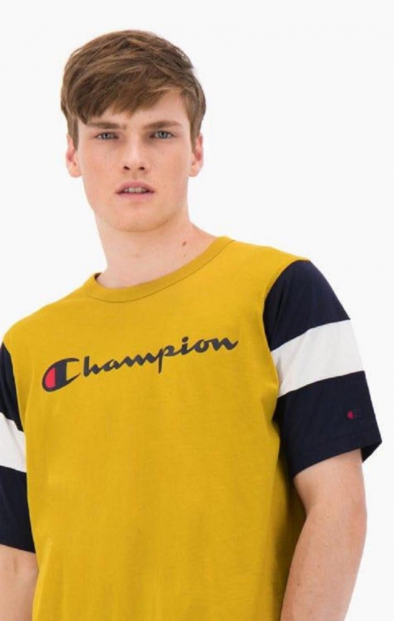 T Shirts Champion Colour Block Script Logo T-Shirt Homme Doré | 3810-LHUWZ