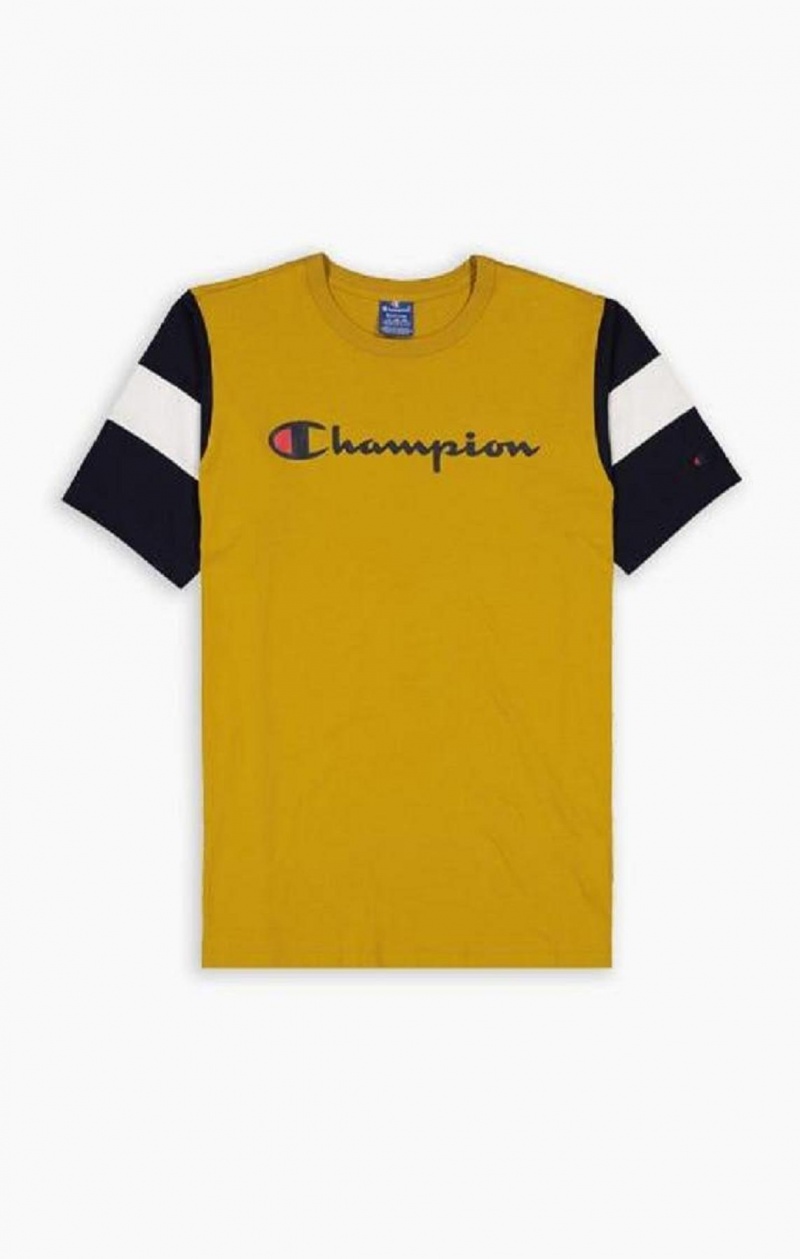 T Shirts Champion Colour Block Script Logo T-Shirt Homme Doré | 3810-LHUWZ