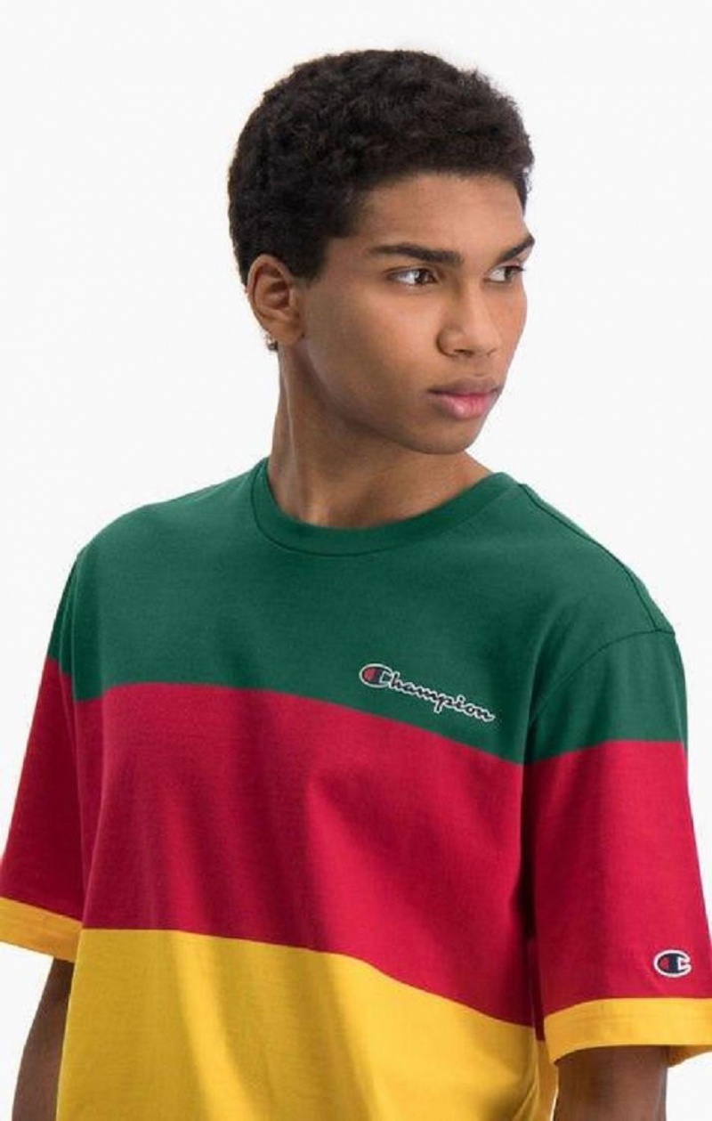 T Shirts Champion Colour Block Stripe T-Shirt Homme Vert Rouge Jaune | 0562-KFQYO