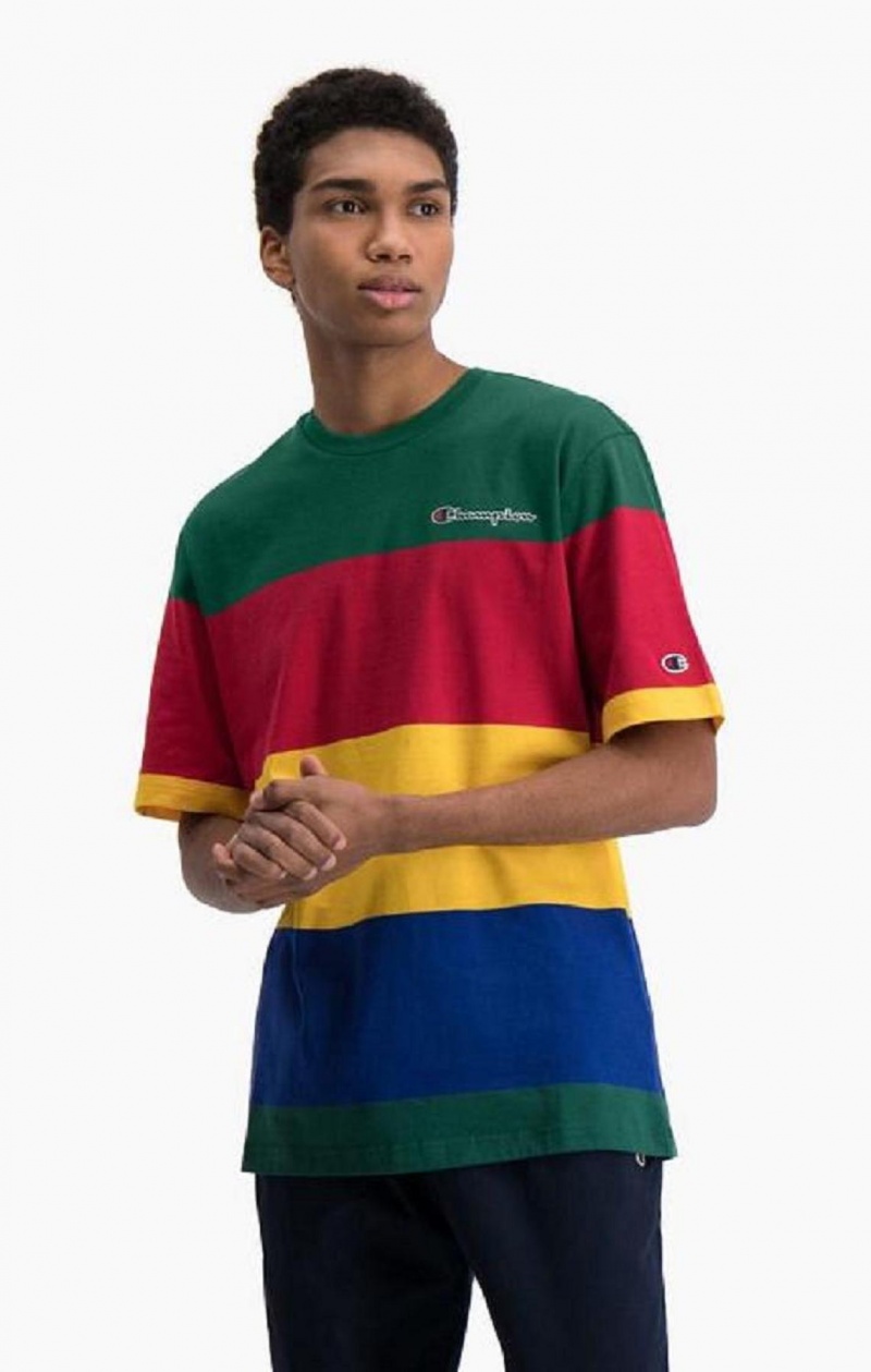 T Shirts Champion Colour Block Stripe T-Shirt Homme Vert Rouge Jaune | 0562-KFQYO