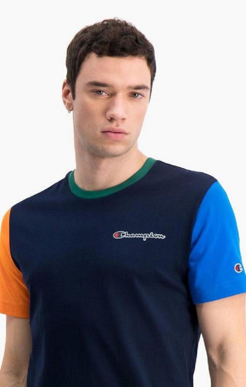 T Shirts Champion Contrast Colour Block Sleeve T-Shirt Homme Bleu Foncé | 4257-NPWIG