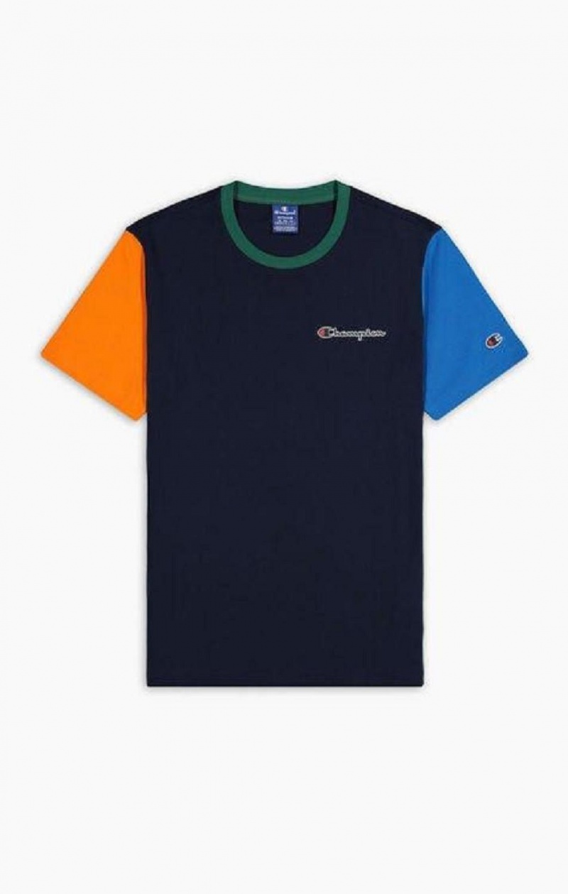 T Shirts Champion Contrast Colour Block Sleeve T-Shirt Homme Bleu Foncé | 4257-NPWIG