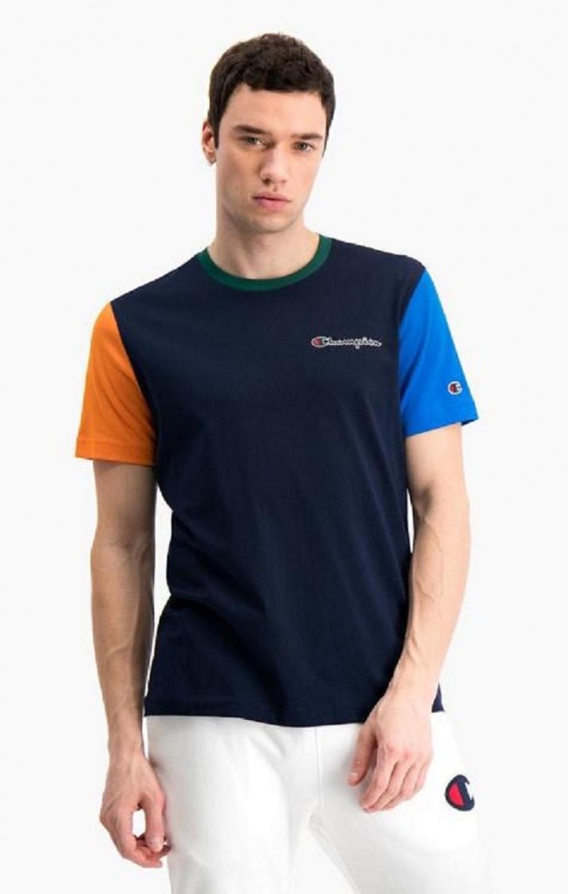 T Shirts Champion Contrast Colour Block Sleeve T-Shirt Homme Bleu Foncé | 4257-NPWIG