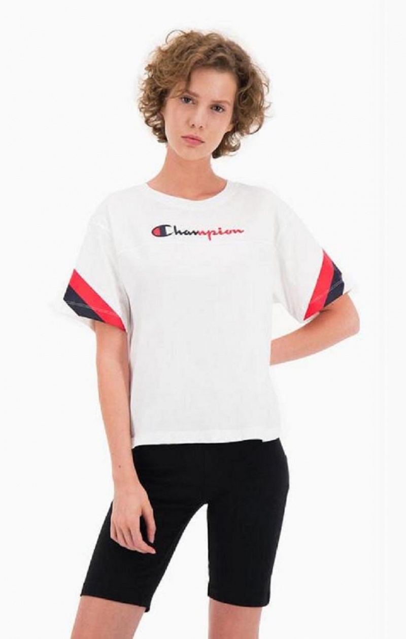 T Shirts Champion Contrast Logo Stripe Jersey Top Femme Blanche | 6271-MYKXL