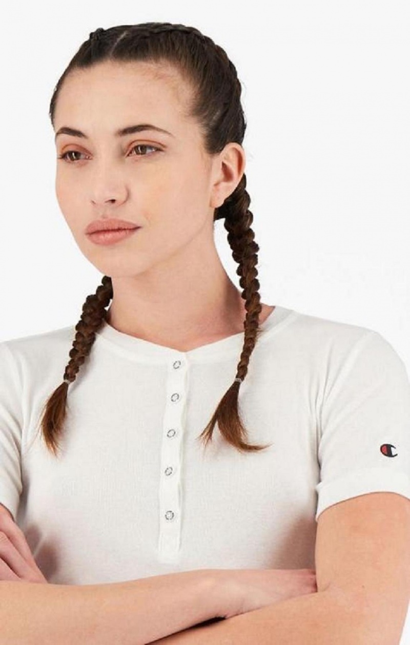 T Shirts Champion Coton Rib Button Up T-Shirt Femme Blanche | 2408-QSDOU