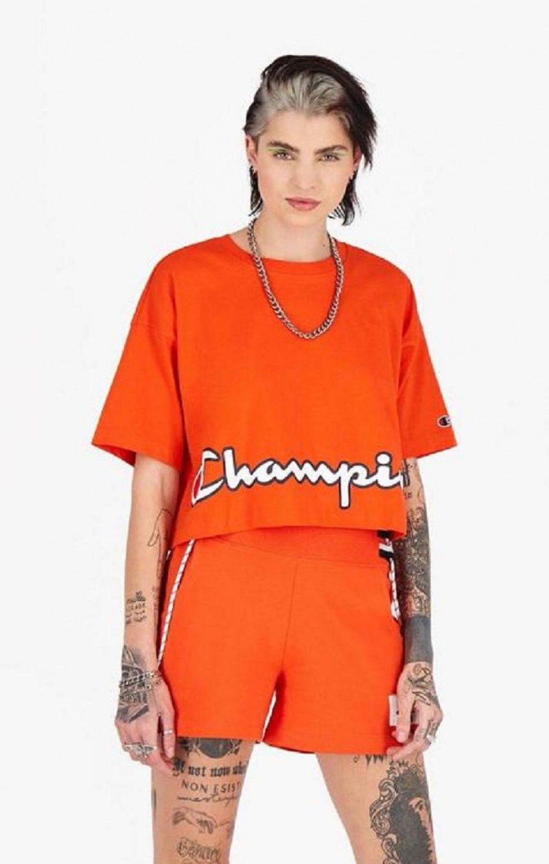 T Shirts Champion Cropped Script Logo T-Shirt Femme Orange | 3160-NJLFR