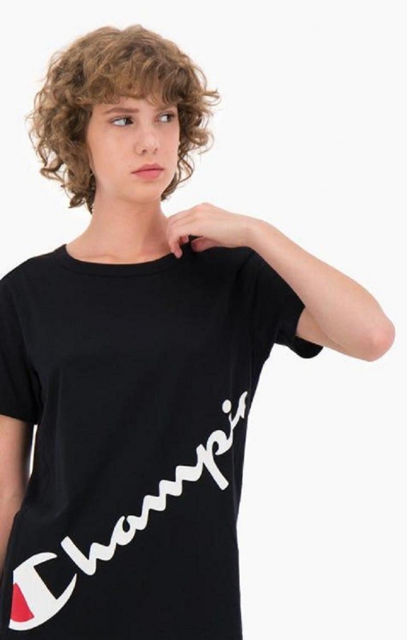 T Shirts Champion Diagonal Script Logo Print T-Shirt Femme Noir | 9572-VDRFO