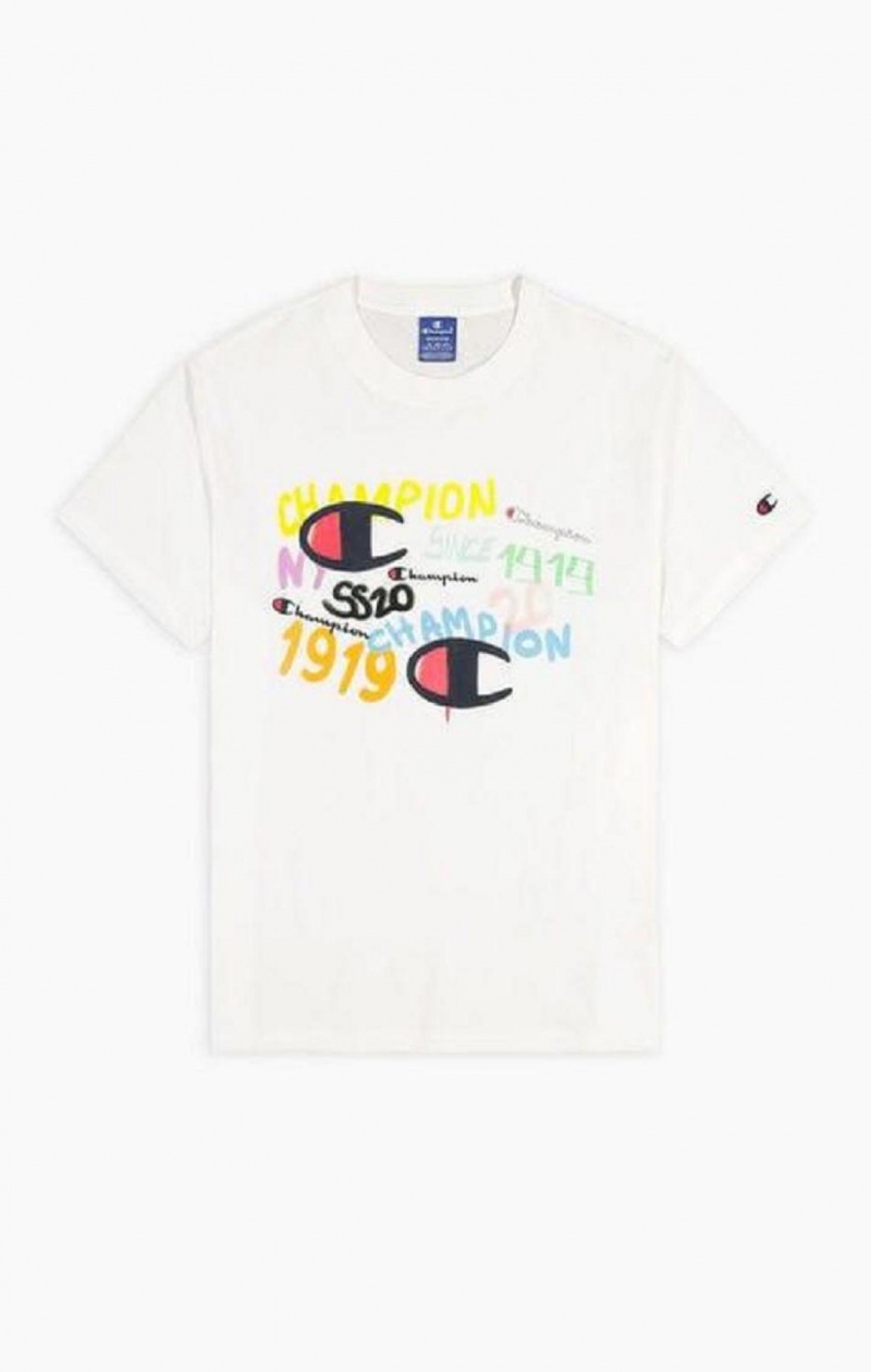 T Shirts Champion Graffiti Logo Print T-Shirt Homme Blanche | 6057-PWSGT