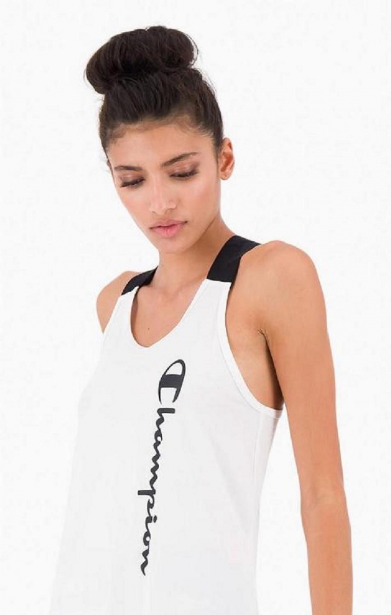 T Shirts Champion Logo Tape Criss-Cross Back Jersey Tank Top Femme Blanche | 2046-TKGQV