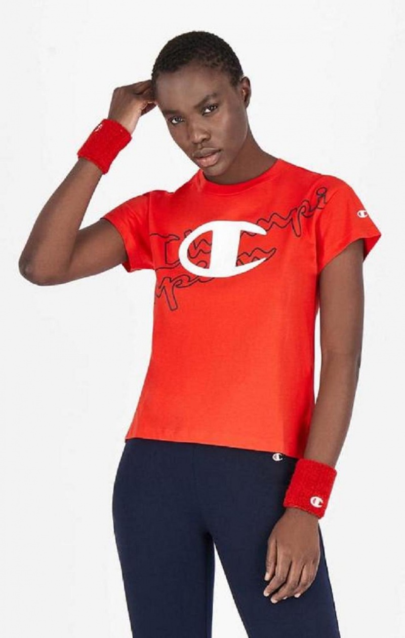 T Shirts Champion Multi Logo Cropped T-Shirt Femme Rouge | 4972-BAHKP