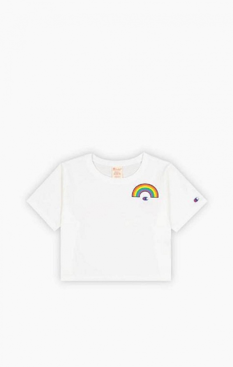 T Shirts Champion PRIDE Crew Neck Cropped T-Shirt Femme Blanche | 0197-YZVRN