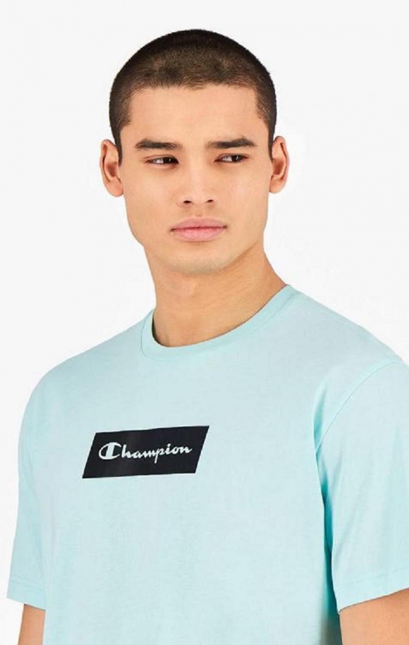 T Shirts Champion Pastel Box Script Logo T-Shirt Homme Bleu Clair | 4280-SRCAG