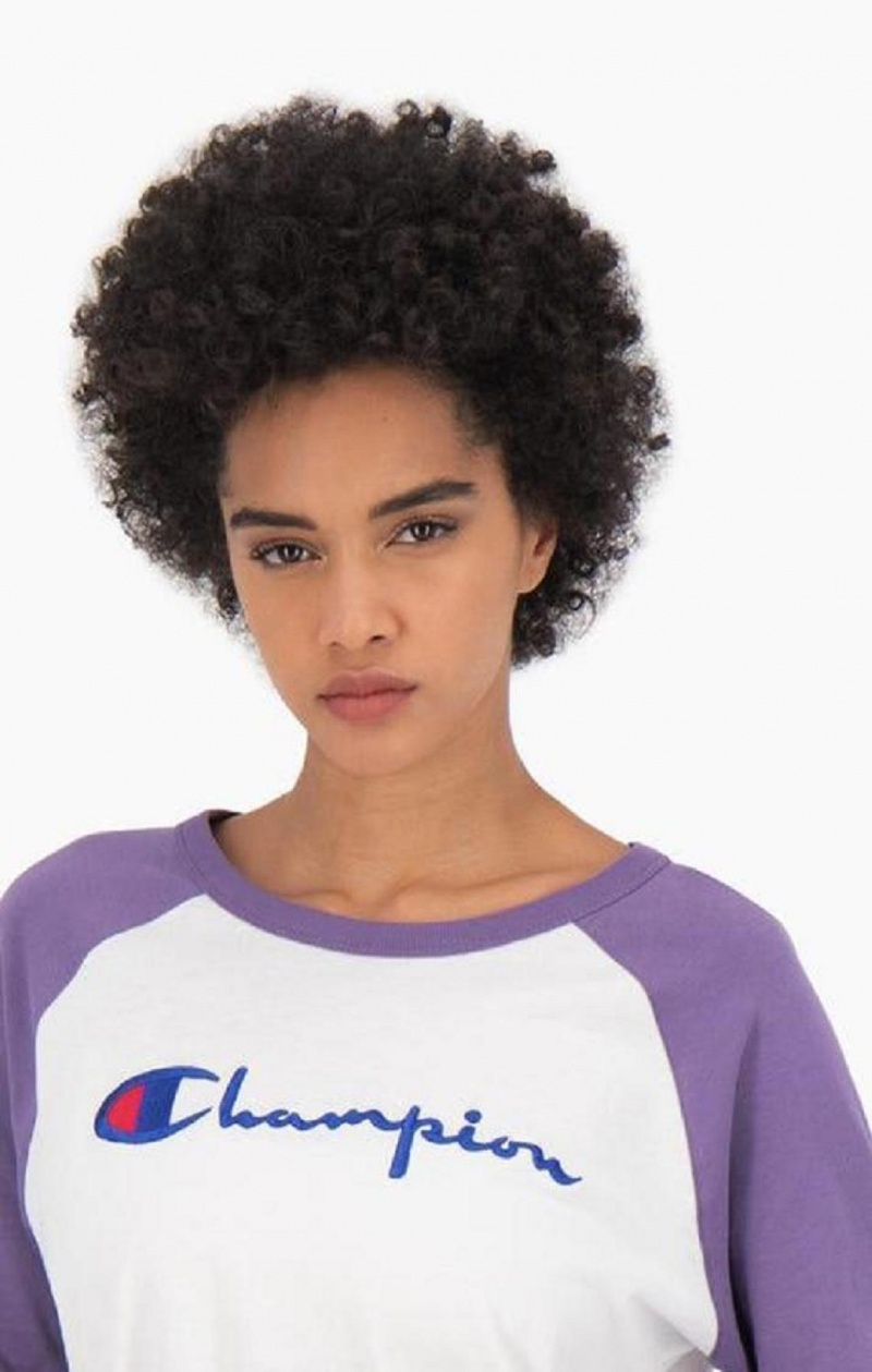 T Shirts Champion Raglan Sleeve Script Logo Baseball Top Femme Blanche Violette | 1675-ANDRK