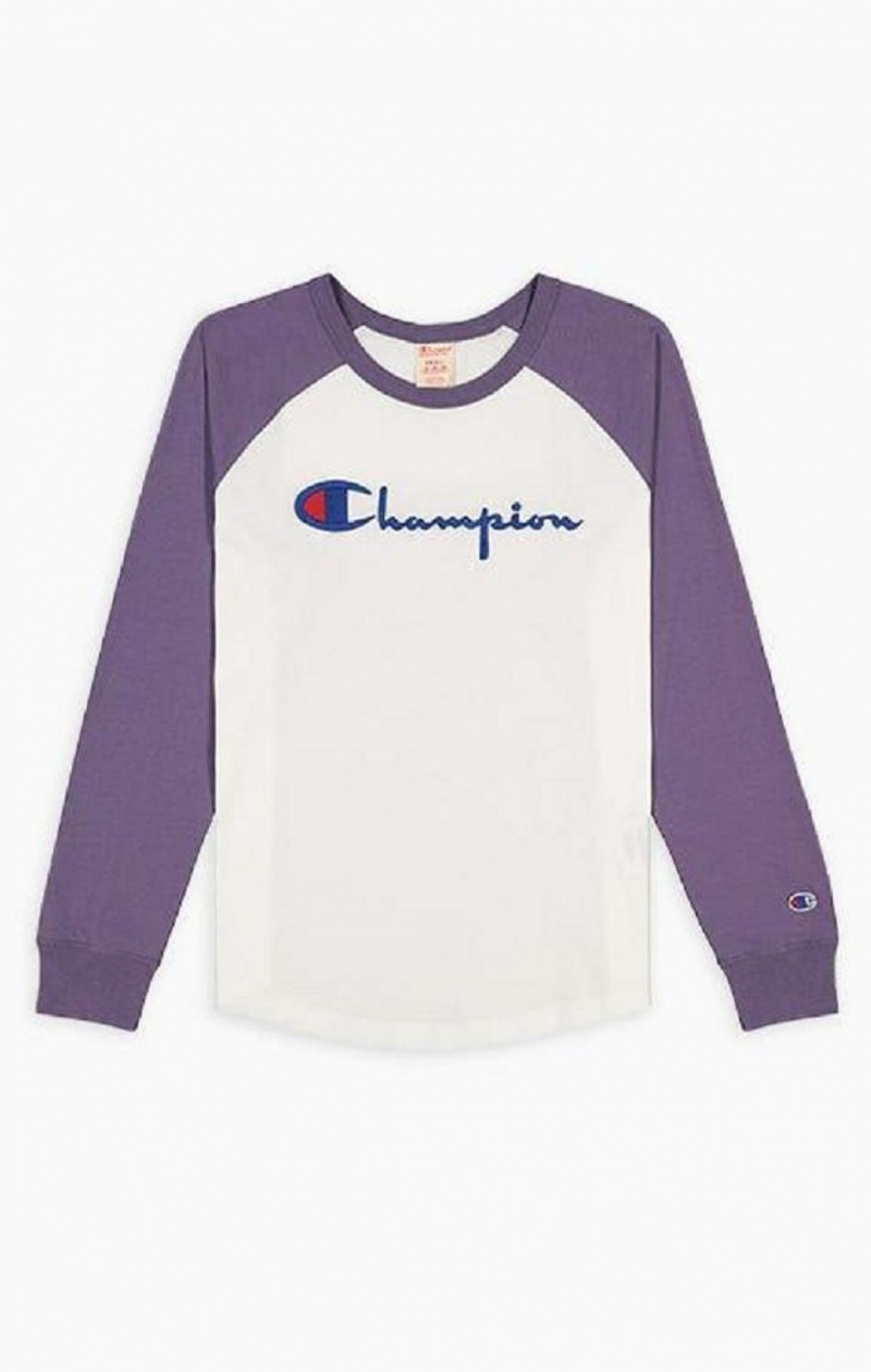 T Shirts Champion Raglan Sleeve Script Logo Baseball Top Femme Blanche Violette | 1675-ANDRK