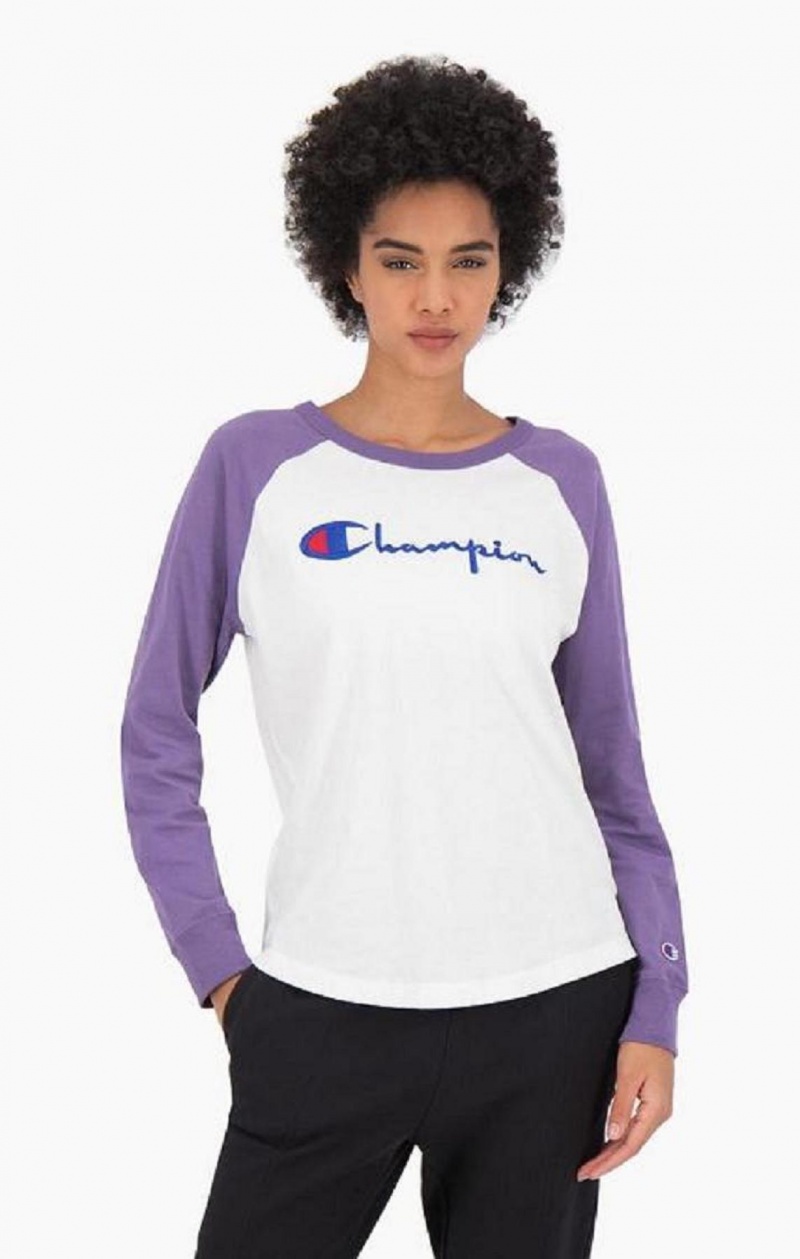 T Shirts Champion Raglan Sleeve Script Logo Baseball Top Femme Blanche Violette | 1675-ANDRK