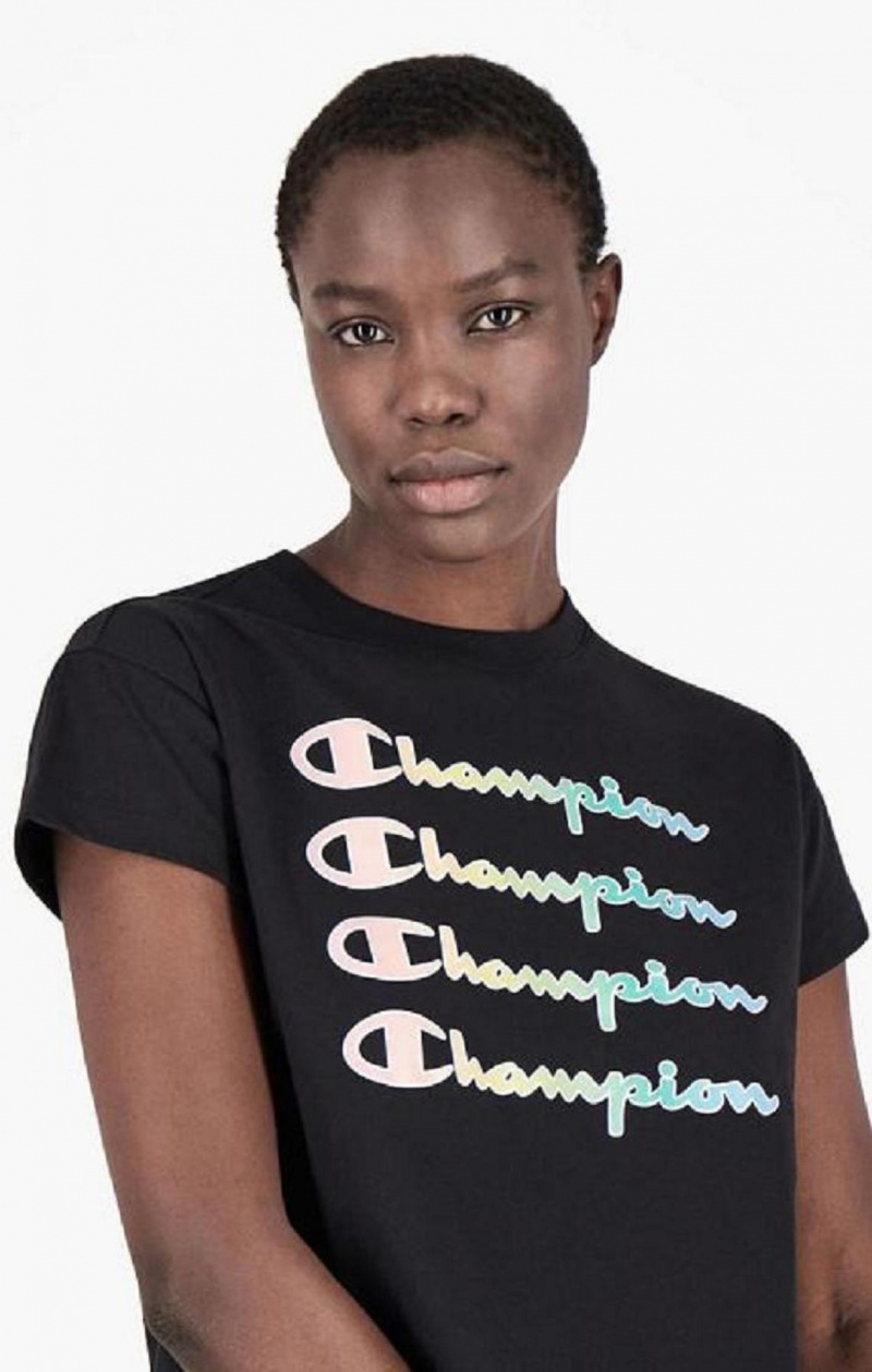 T Shirts Champion Rainbow Script Logo Print T-Shirt Femme Noir | 2617-EONJT