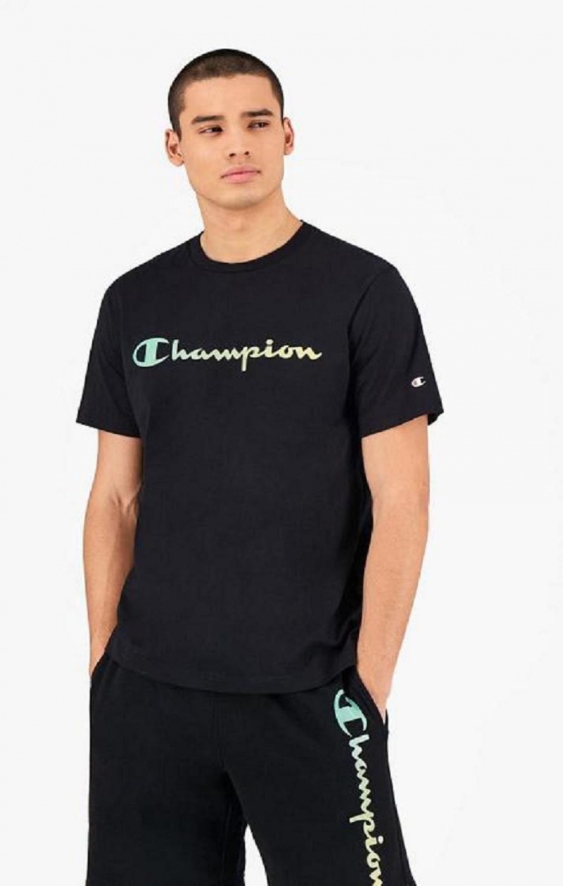 T Shirts Champion Rainbow Script Logo T-Shirt Homme Noir | 3921-IQZXK