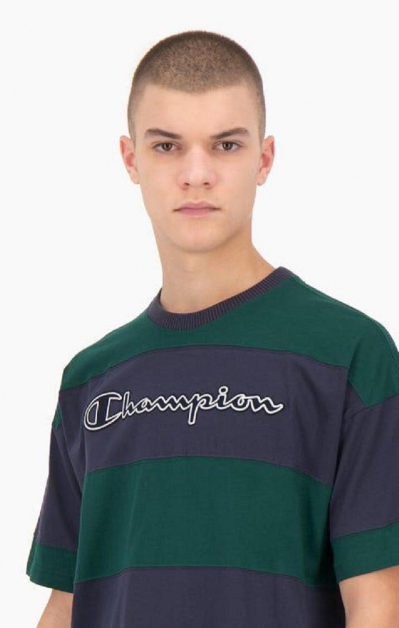 T Shirts Champion Rayé Script Logo T-Shirt Homme Vert | 4108-PNGXC