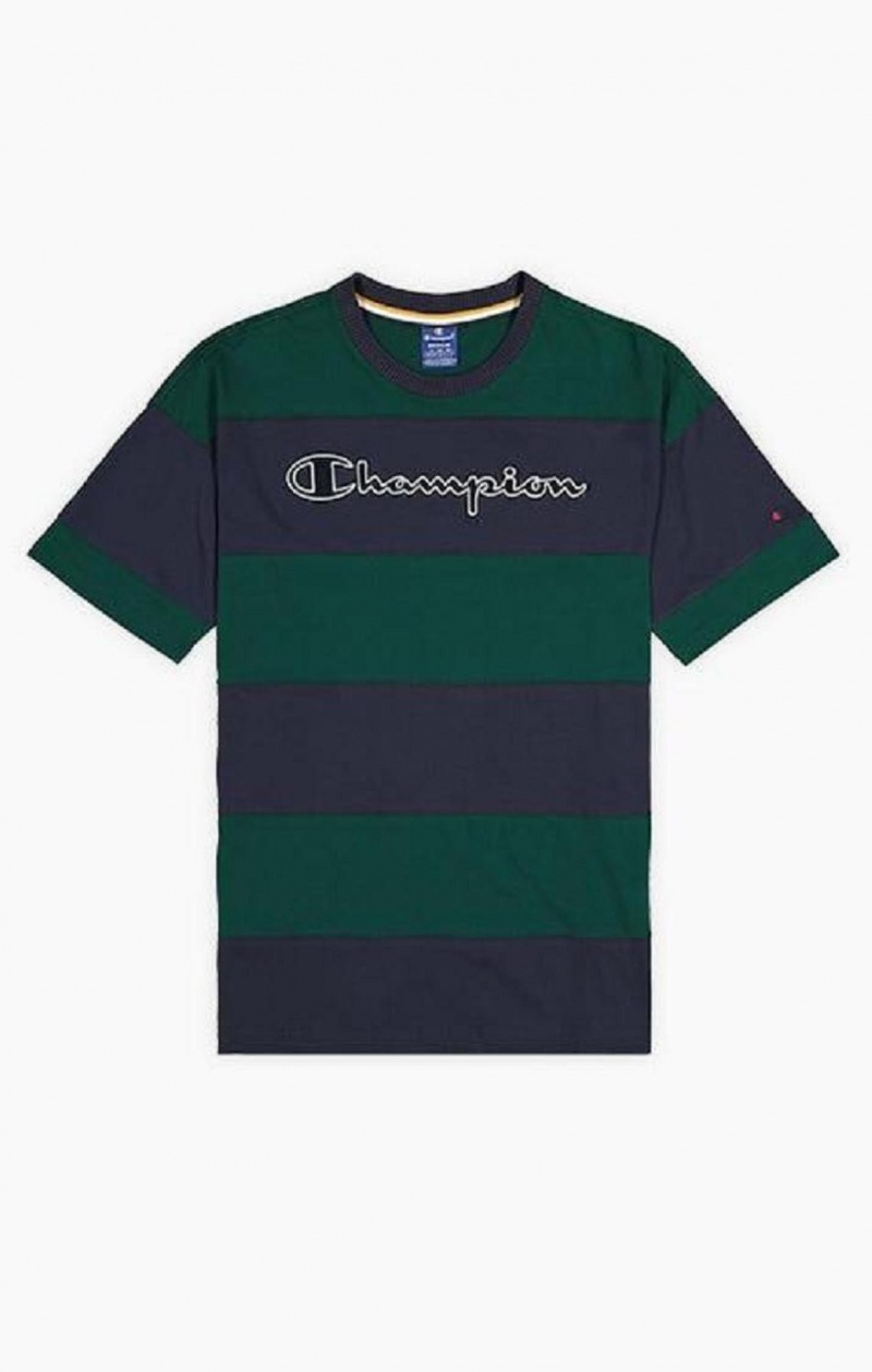 T Shirts Champion Rayé Script Logo T-Shirt Homme Vert | 4108-PNGXC