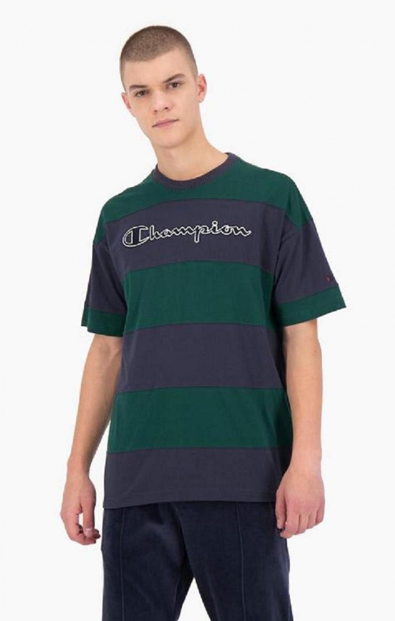 T Shirts Champion Rayé Script Logo T-Shirt Homme Vert | 4108-PNGXC