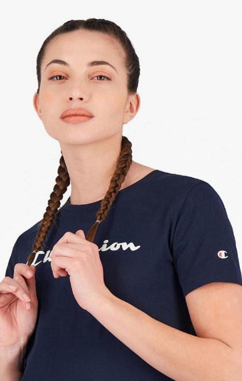 T Shirts Champion Rubber Script Logo T-Shirt Femme Bleu Foncé | 7504-AVFHL