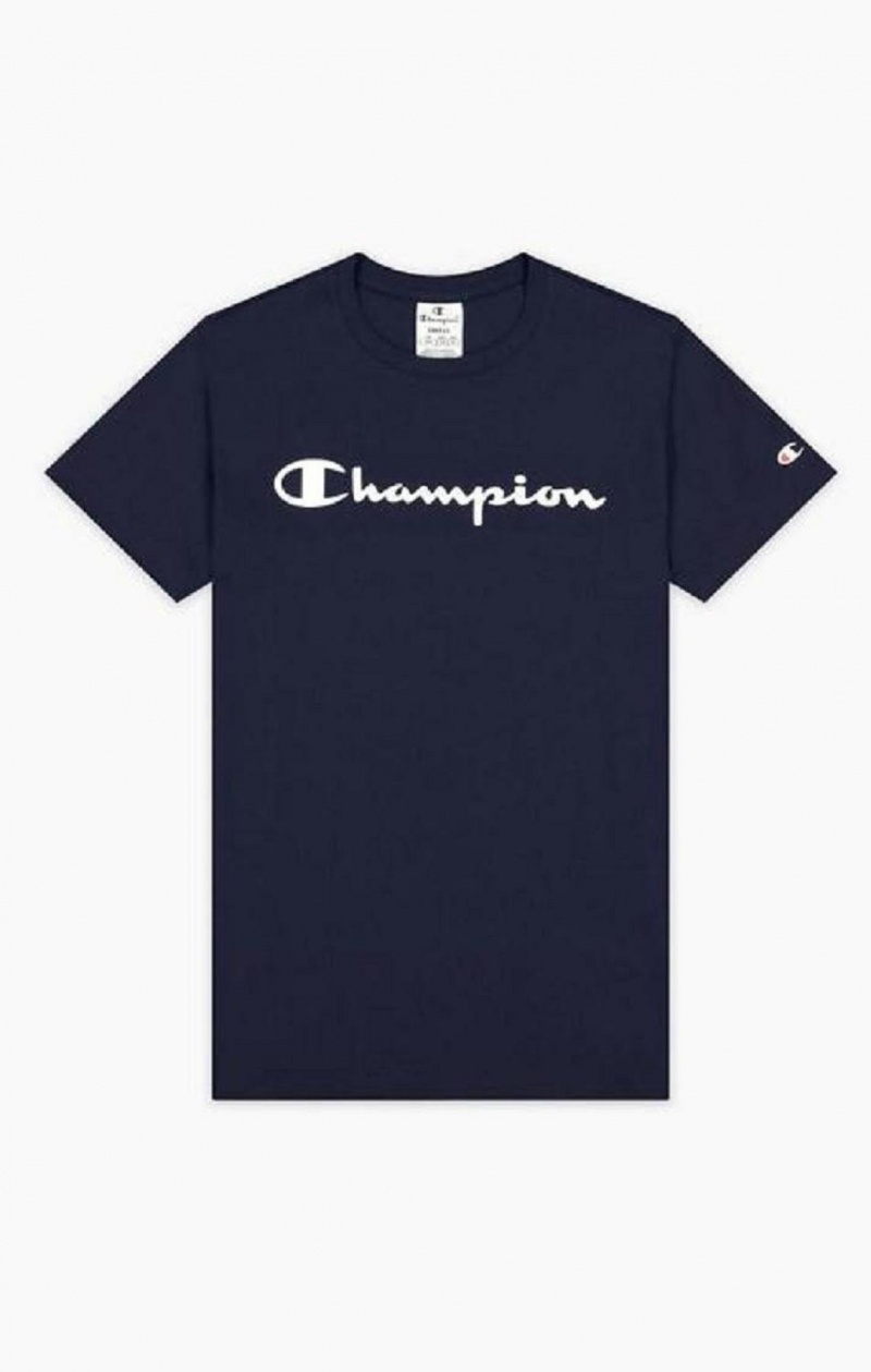 T Shirts Champion Rubber Script Logo T-Shirt Femme Bleu Foncé | 7504-AVFHL