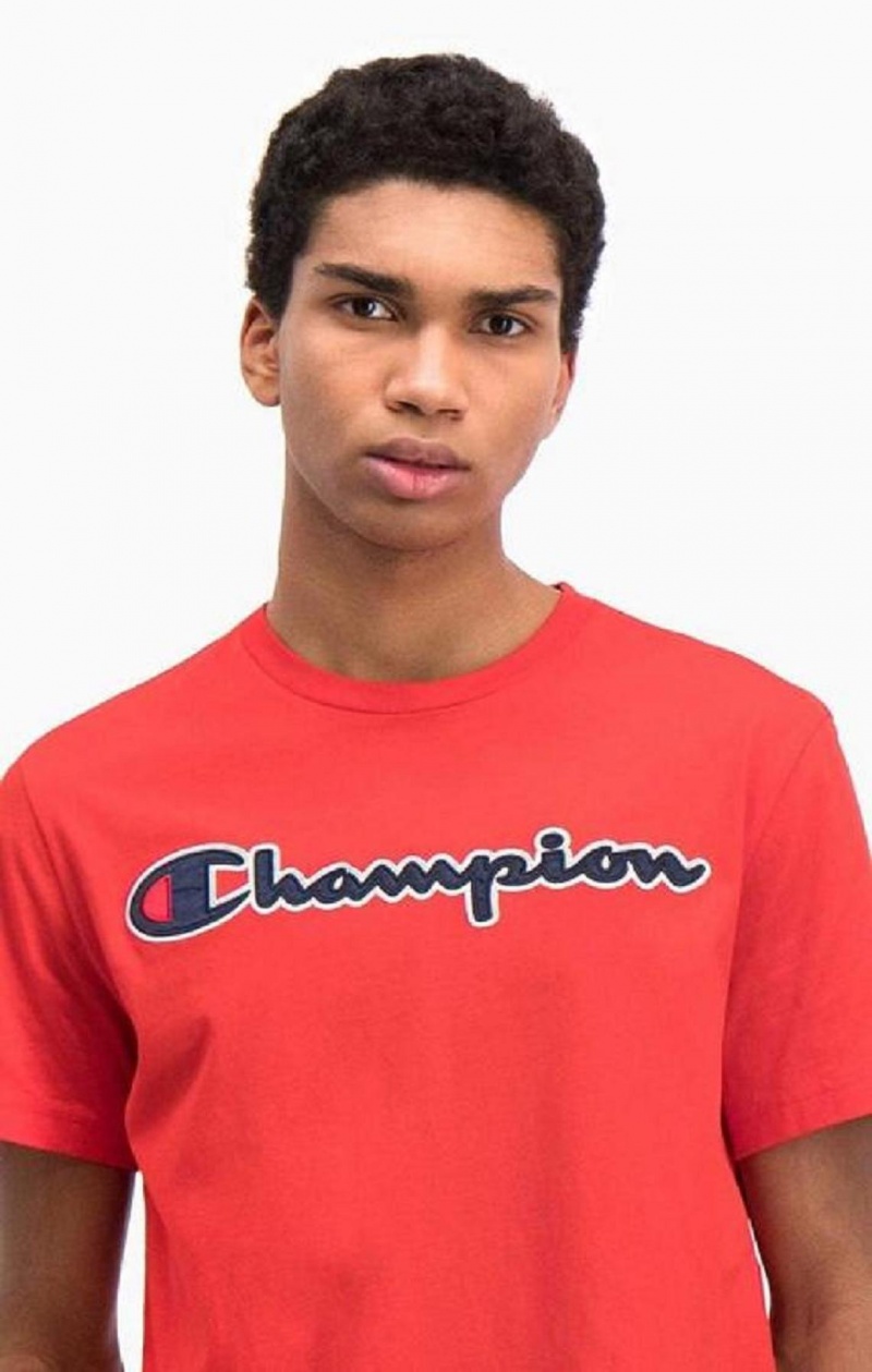 T Shirts Champion Satin Script Logo T-Shirt Homme Rouge | 3410-NSMDY