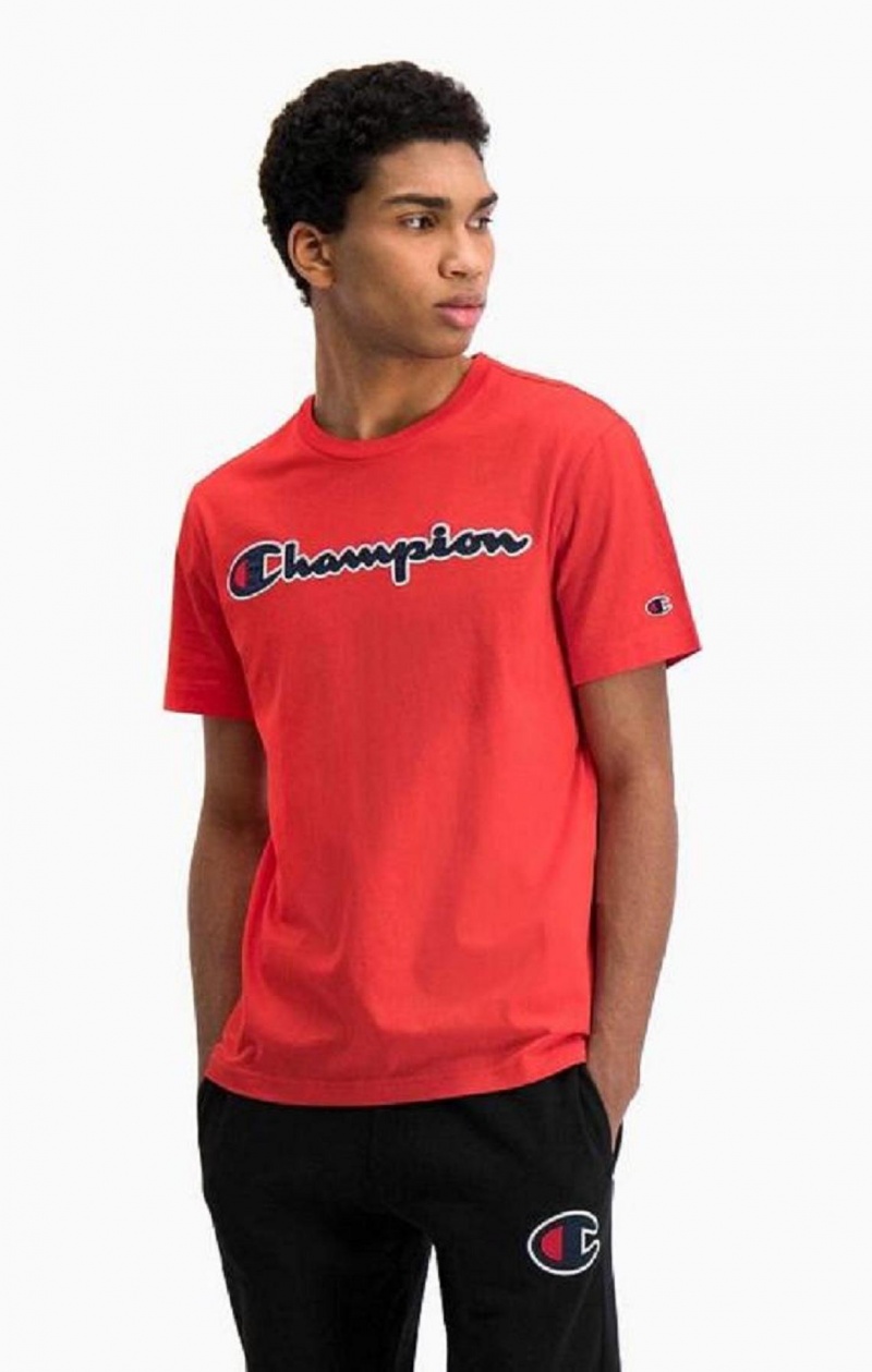 T Shirts Champion Satin Script Logo T-Shirt Homme Rouge | 3410-NSMDY