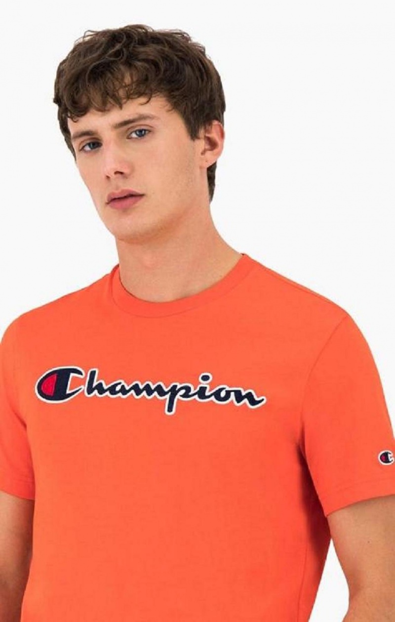 T Shirts Champion Satin Stitch Script Logo T-Shirt Homme Rouge | 1754-ZXDMA