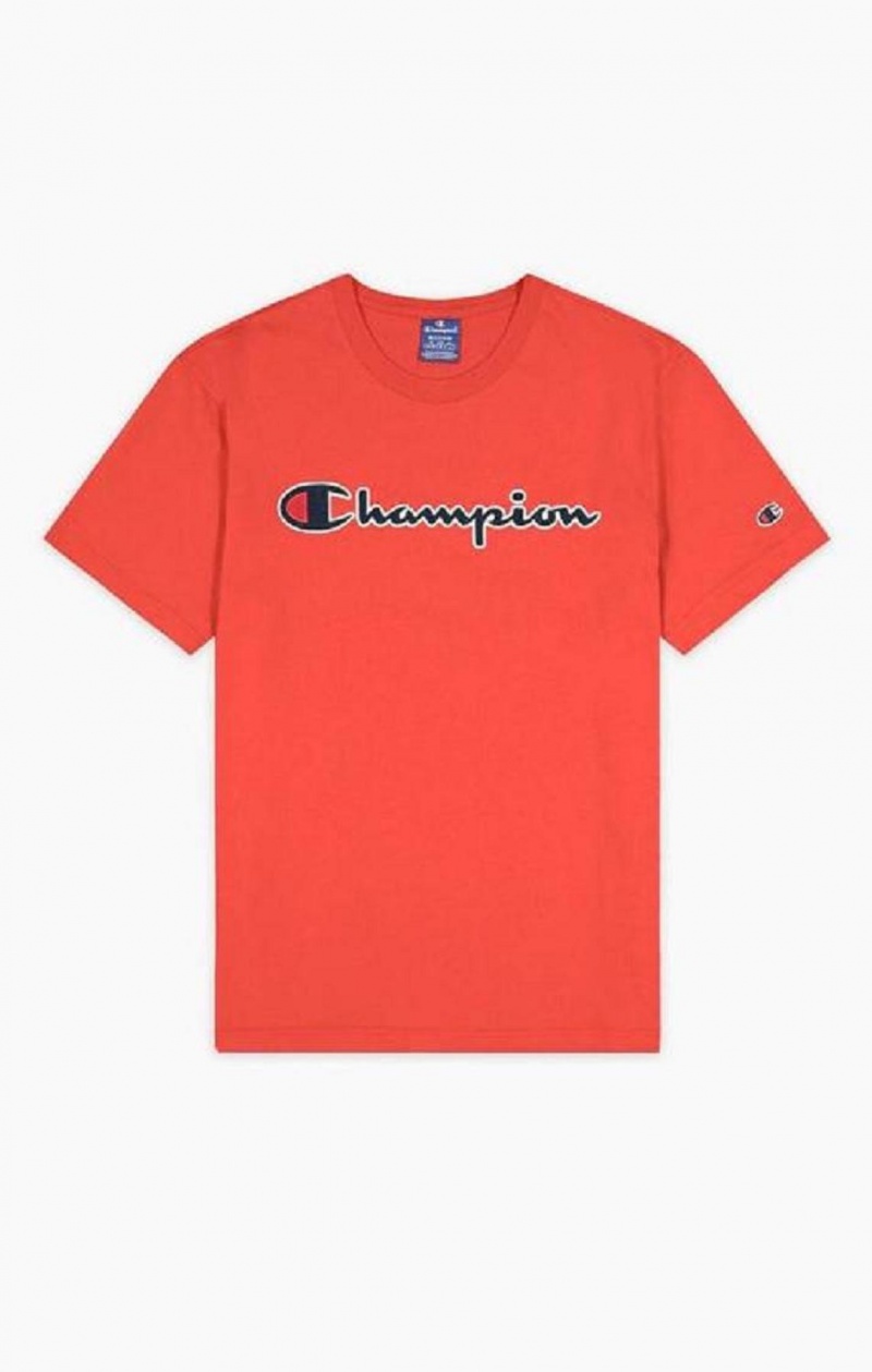 T Shirts Champion Satin Stitch Script Logo T-Shirt Homme Rouge | 1754-ZXDMA