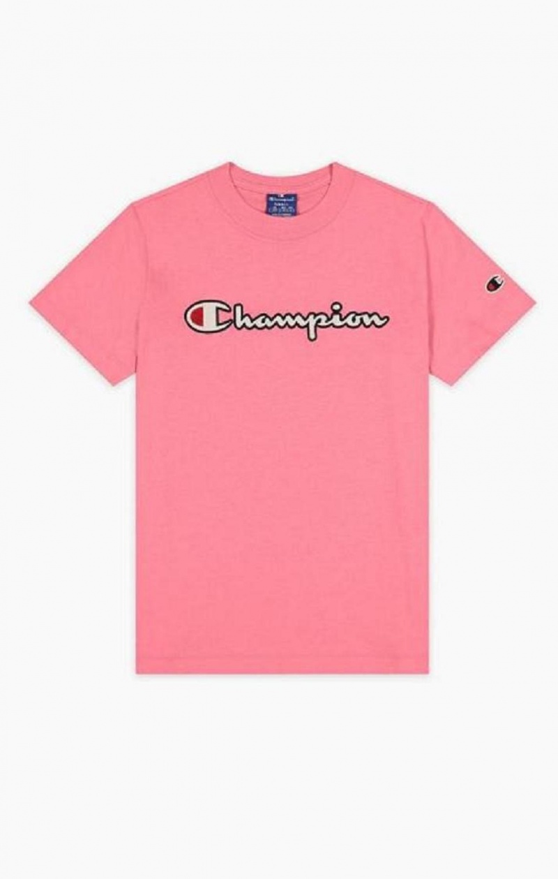 T Shirts Champion Satin Stitch Script Logo T-Shirt Femme Rose | 9374-EAISB