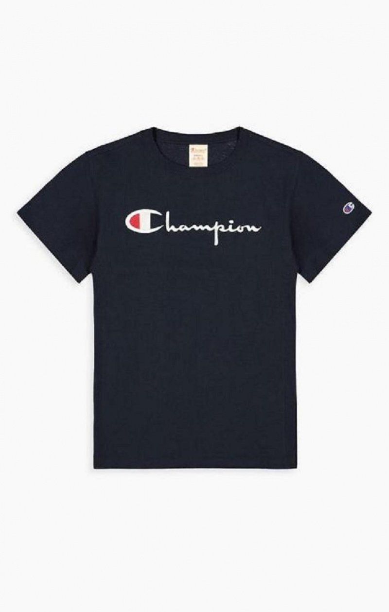 T Shirts Champion Script Logo Crew Neck T-Shirt Femme Bleu Foncé | 2180-ZQJTK