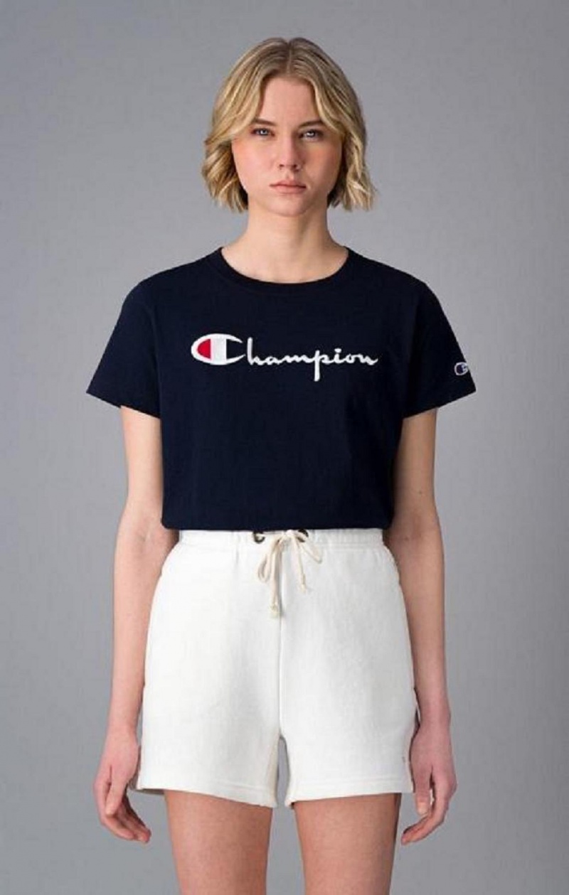 T Shirts Champion Script Logo Crew Neck T-Shirt Femme Bleu Foncé | 2180-ZQJTK