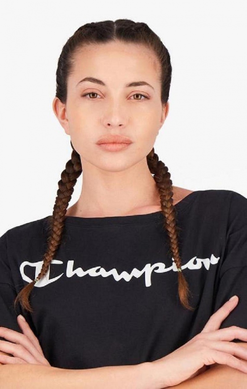 T Shirts Champion Script Logo Cropped T-Shirt Femme Noir | 3910-EMZHA