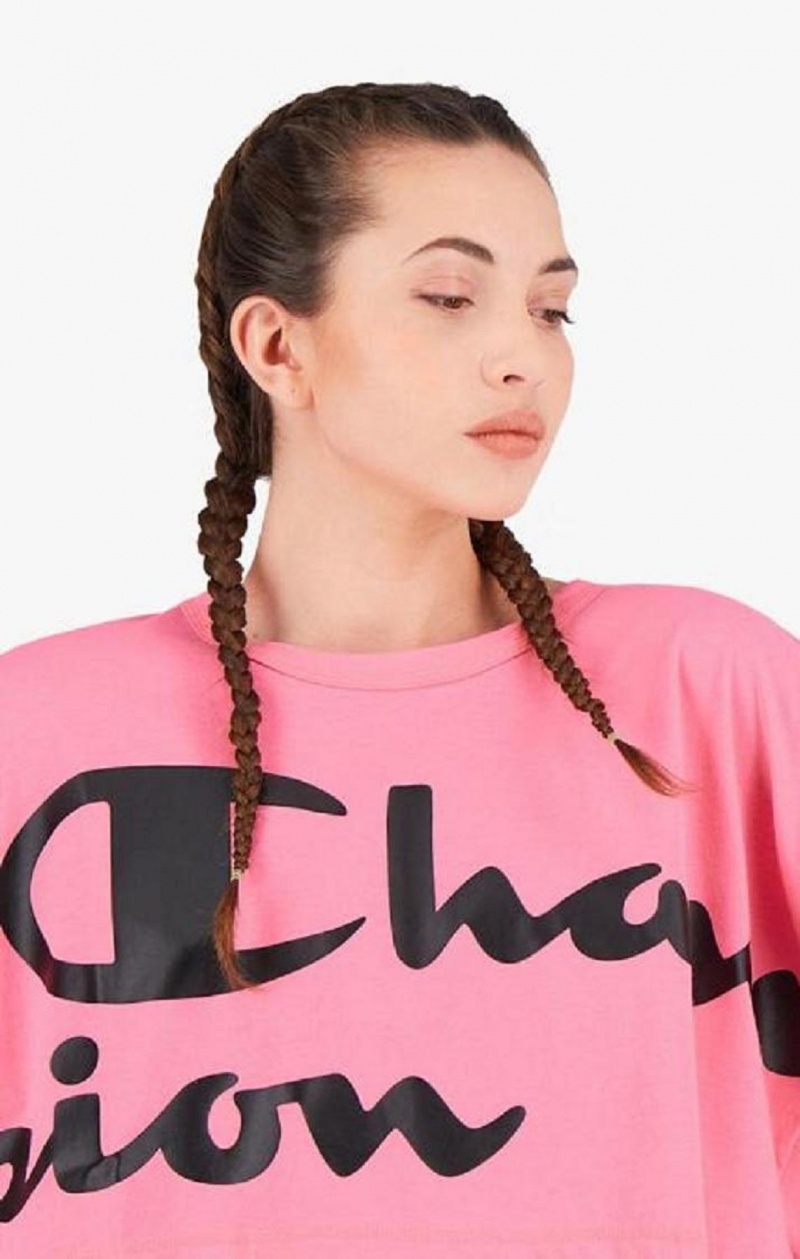 T Shirts Champion Script Logo Cropped T-Shirt Femme Fushia | 8432-YRTGU