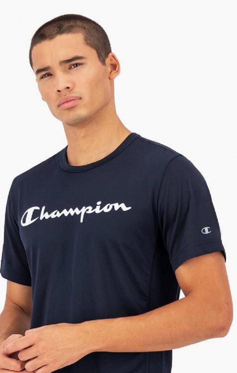 T Shirts Champion Script Logo Mesh T-Shirt Homme Bleu Foncé | 1695-CFIHT