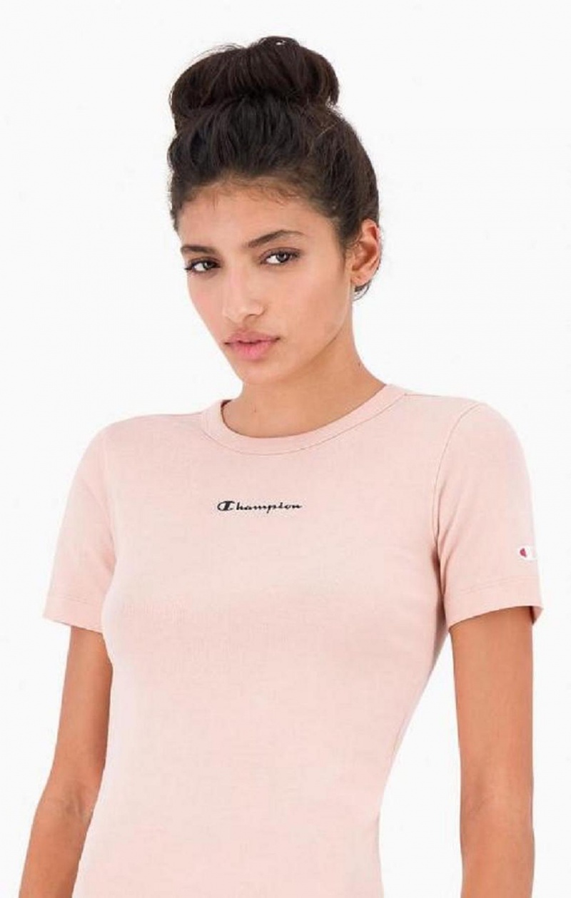 T Shirts Champion Script Logo Nervuré Coton T-Shirt Femme Rose | 3029-JDPVG