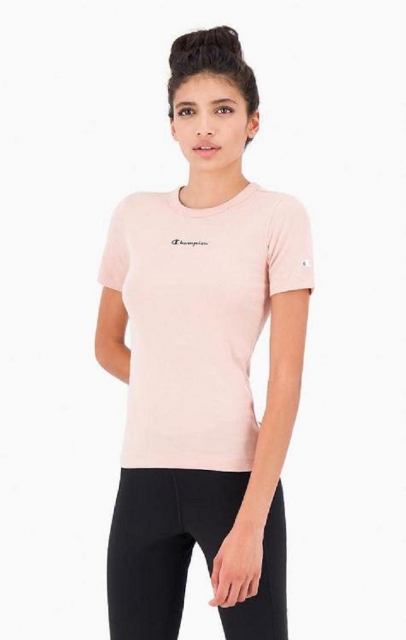 T Shirts Champion Script Logo Nervuré Coton T-Shirt Femme Rose | 3029-JDPVG