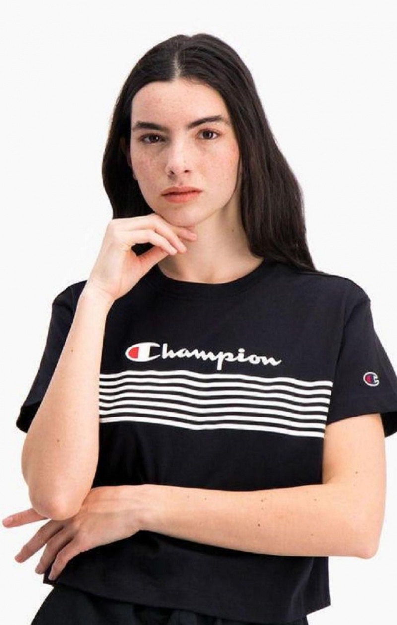 T Shirts Champion Script Logo Stripe Curved Hem Cropped T-Shirt Femme Noir | 7504-QJAYK