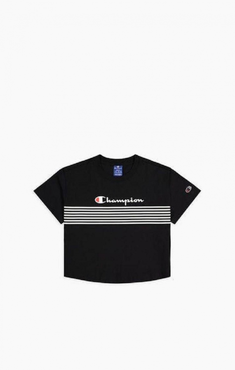 T Shirts Champion Script Logo Stripe Curved Hem Cropped T-Shirt Femme Noir | 7504-QJAYK