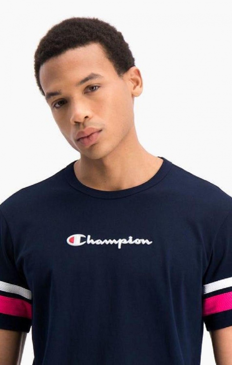 T Shirts Champion Stripe Detail Script Logo T-Shirt Homme Bleu | 1256-HYJTL