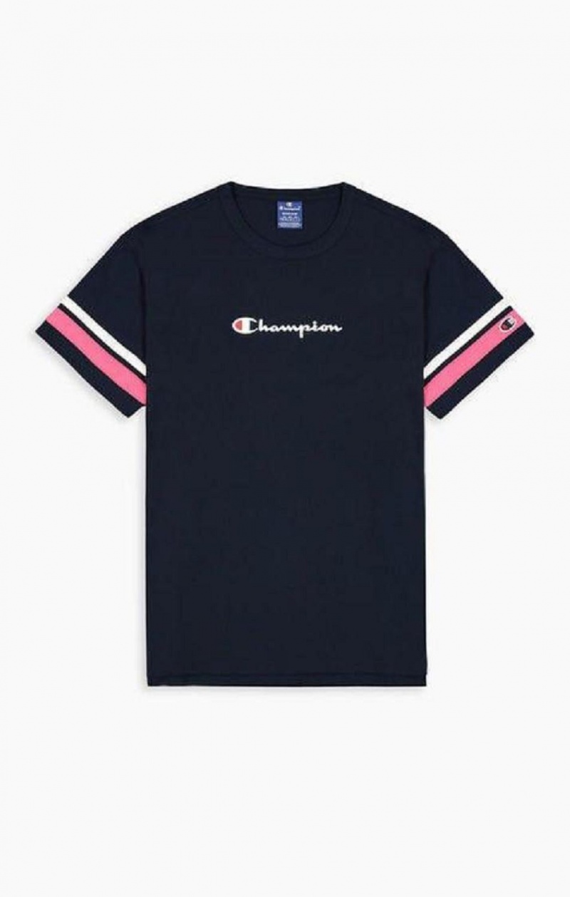 T Shirts Champion Stripe Detail Script Logo T-Shirt Homme Bleu | 1256-HYJTL